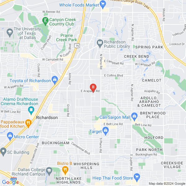 Towing Service In Richardson location map: 1202 E Arapaho Rd, Richardson, TX